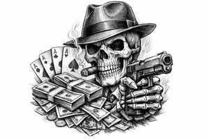 skull with gangster-hat,cigar in his mouth,gun in a skeleton-hand,playing cards,a lot of money. tattoo idea