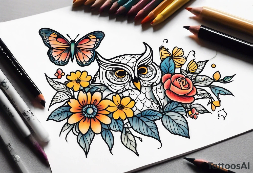 Flowers with butterflies and a owl tattoo idea