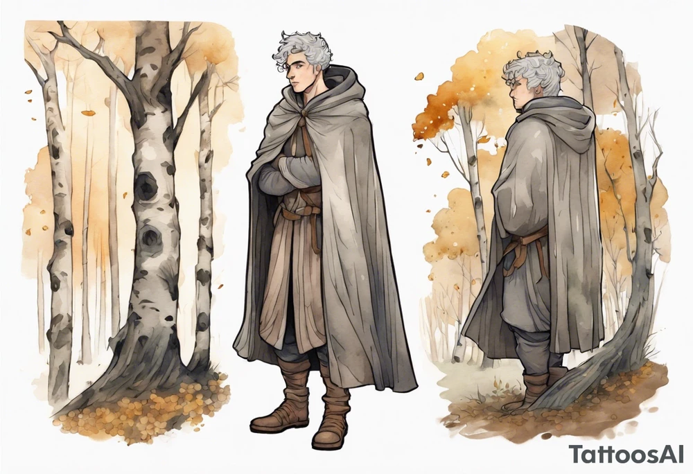 a solitary medieval Tan France wearing a grey cloak standing in a birch forest tattoo idea