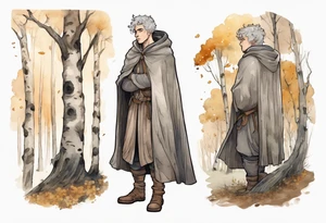 a solitary medieval Tan France wearing a grey cloak standing in a birch forest tattoo idea