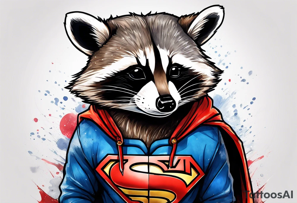raccoon wearing a Superman hoodie tattoo idea