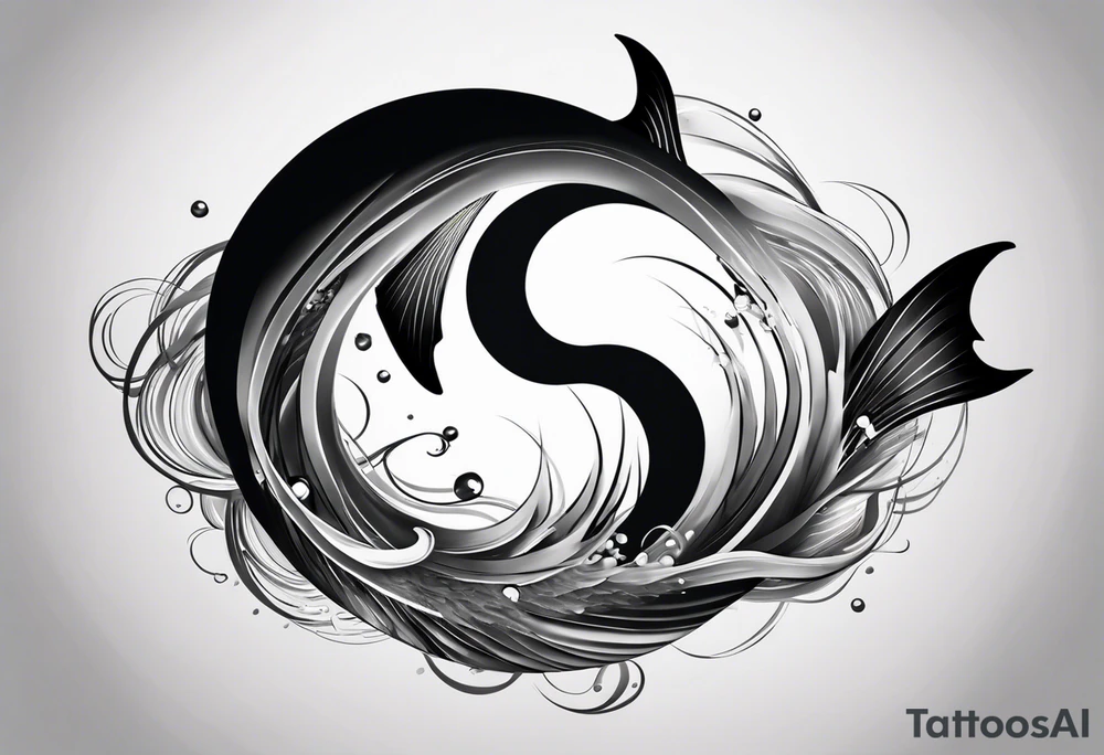 Design a half-sleeve tattoo in a smooth, shaded style with black and grey tones. The central focus is two fish swimming in a circular motion, like a yin-yang, gracefully moving in a loop. The fish should have flowing tails and fins, with soft shading that gives a sense of motion and balance.

Surround the fish with a bed, where a man is lying down but his feet stick out, symbolizing discomfort or not fitting in. The bed should blend subtly into the background, using minimal lines, to avoid distracting from the fish. The sheets or bed frame should flow into the circular motion created by the fish.

Add an astronaut floating nearby, connected to the bed scene. The astronaut should appear weightless, as if drifting in space, with their posture relaxed and slightly tilted, fitting within the circular flow of the fish. Clouds should form softly around the astronaut and the bed, blending into the scene to create a dreamy, ethereal background.

From one side of the circular fish motion, flames should emerge, adding dynamic energy to the design. The flames should be subtle but lively, with light shading, balancing the softness of the clouds with some intensity.

Finally, include the text "MMIX" in bold, sketchy font either below or beside the main design. The text should be clear but in harmony with the hand-drawn style of the fish and flames. tattoo idea