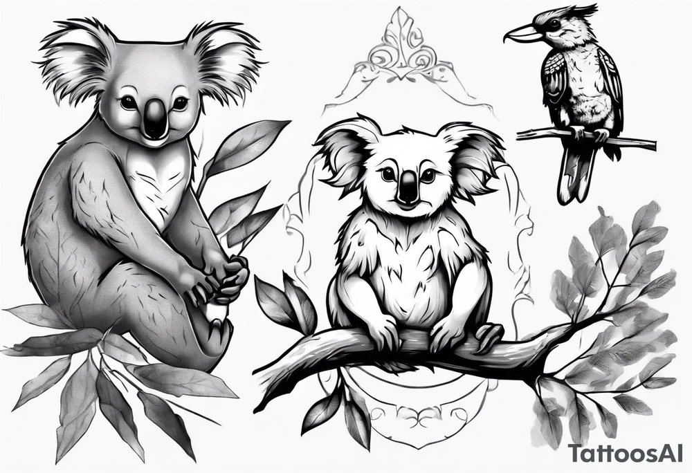 A koala with a kookaburra sitting on a eucalyptus tree tattoo idea