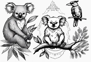 A koala with a kookaburra sitting on a eucalyptus tree tattoo idea