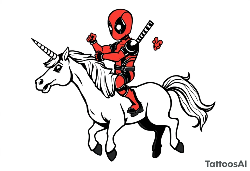 Deadpool riding cartoon unicorn tattoo idea