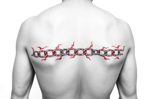 Red burn-like 6 chains scars going across the whole forearm horizontally tattoo idea