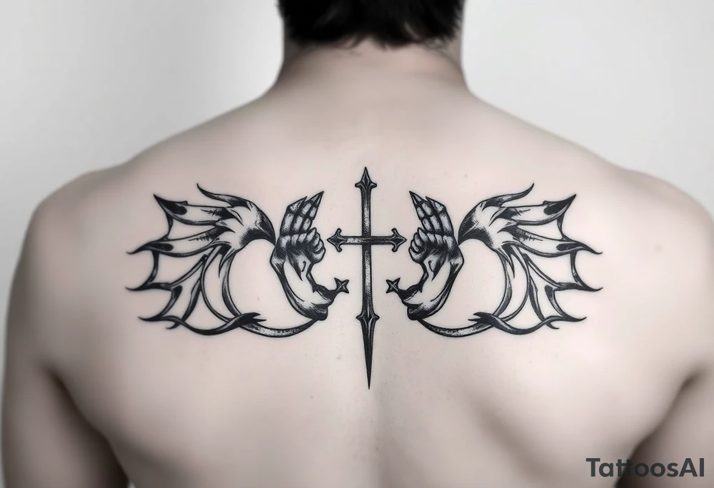 Tatuaż nad klatka piersiową, dwa kruki,  pomiędzy nimi islandzkie symbole, Mroczny tatuaż tattoo idea