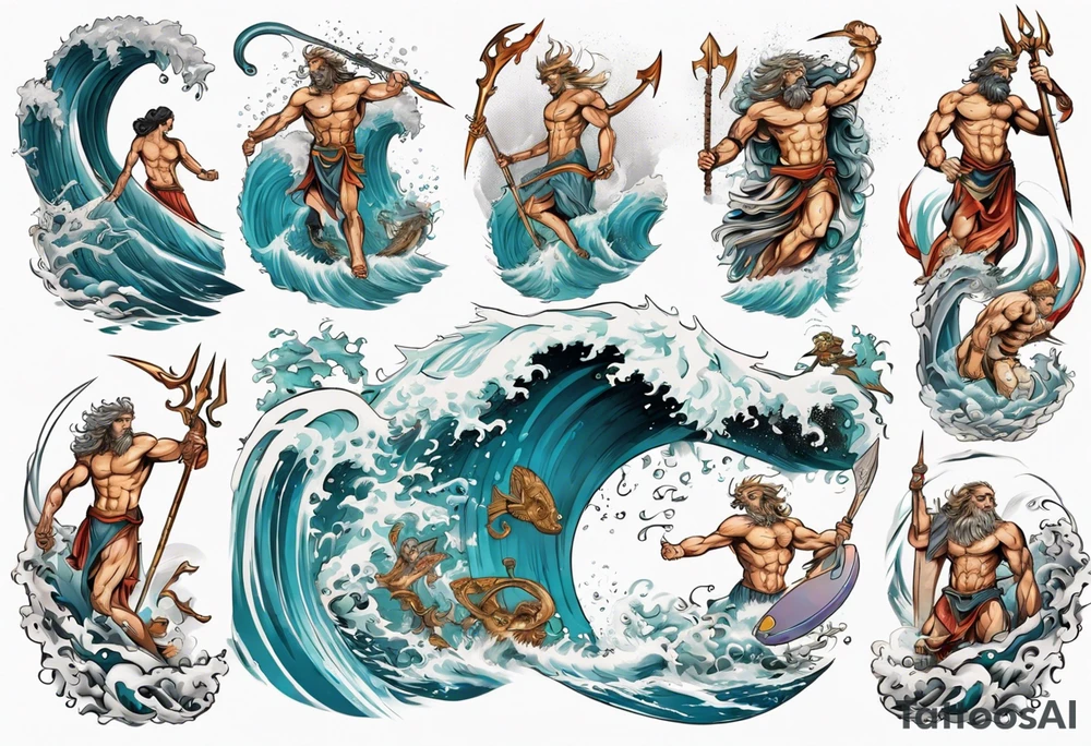 Ancient Greek gods of the sea fighting with surfer  and trident tattoo idea