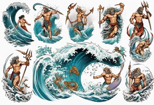 Ancient Greek gods of the sea fighting with surfer  and trident tattoo idea