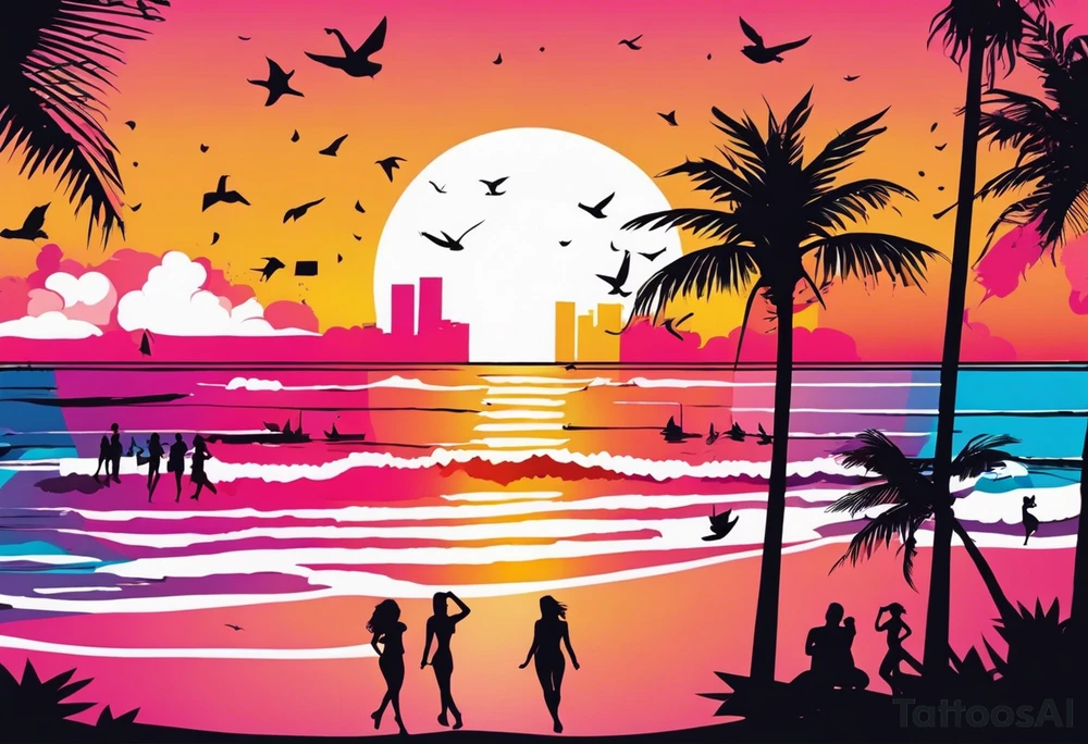 1980's miami vice style beach dance 
party, include confetti, music notes, boom box, SILHOUETTE bikinis sunset in the center tattoo idea