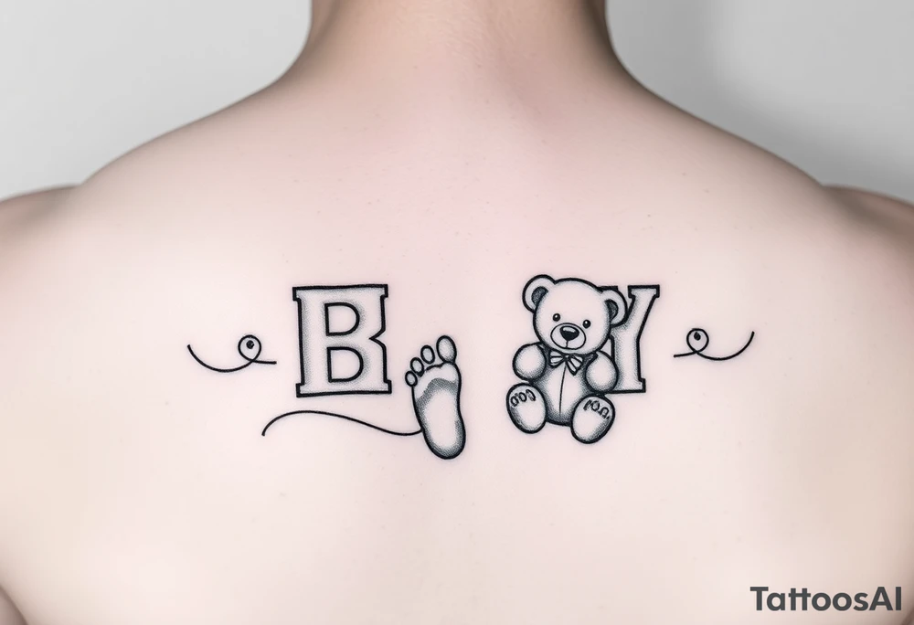 Baby letter blocks, girl, teddy bear, baby foot print tattoo idea