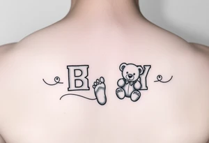 Baby letter blocks, girl, teddy bear, baby foot print tattoo idea