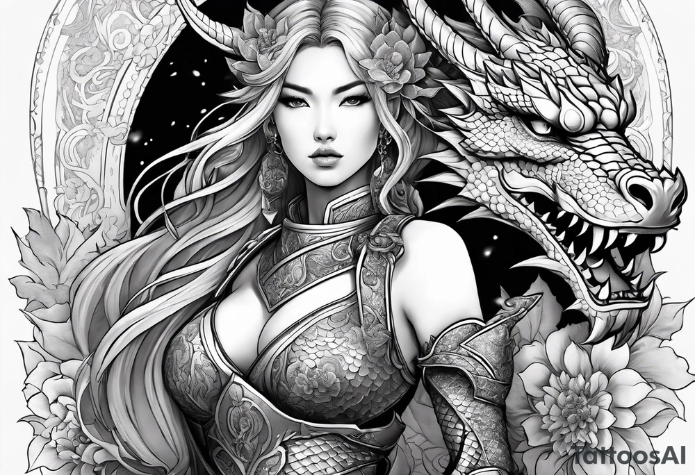 beautiful warrior woman wearing dragon armor and a floral background and a dragon a full picture tattoo idea