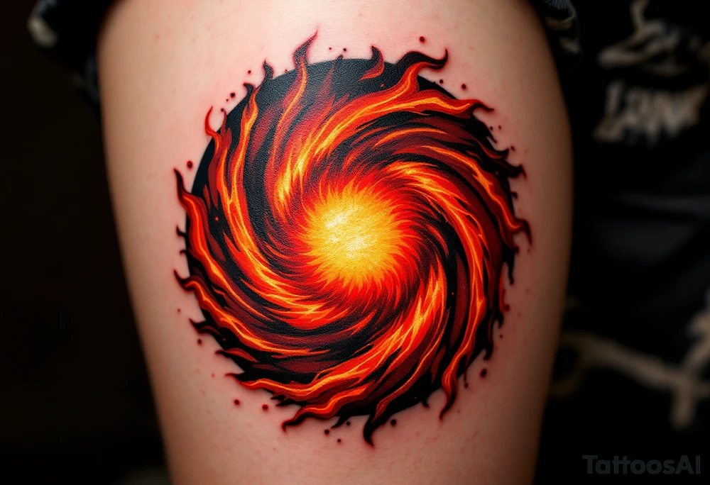 A fiery circle in swirling shades of red, orange, and yellow resembling a miniature sun. tattoo idea