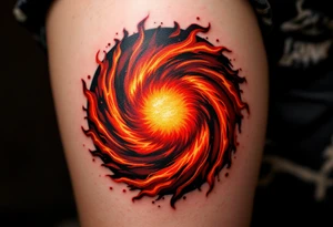 A fiery circle in swirling shades of red, orange, and yellow resembling a miniature sun. tattoo idea