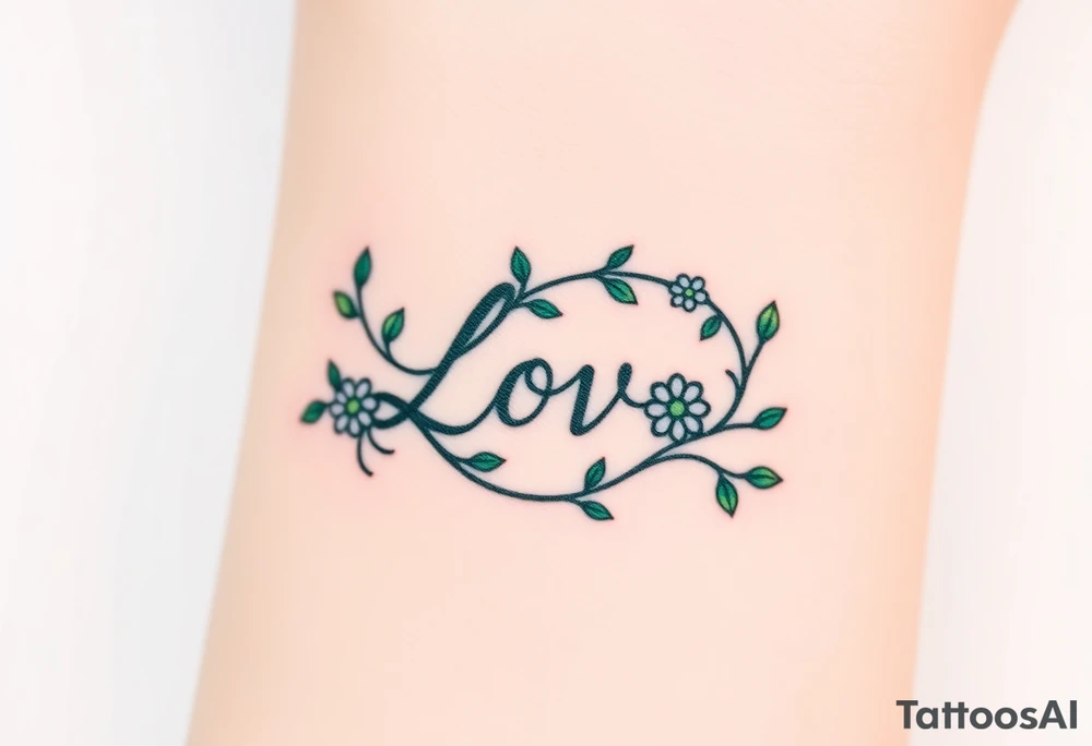 A vine-like infinity sign in deep emerald green, with small flowers blooming around "Love," symbolizing growth and an everlasting bond tattoo idea