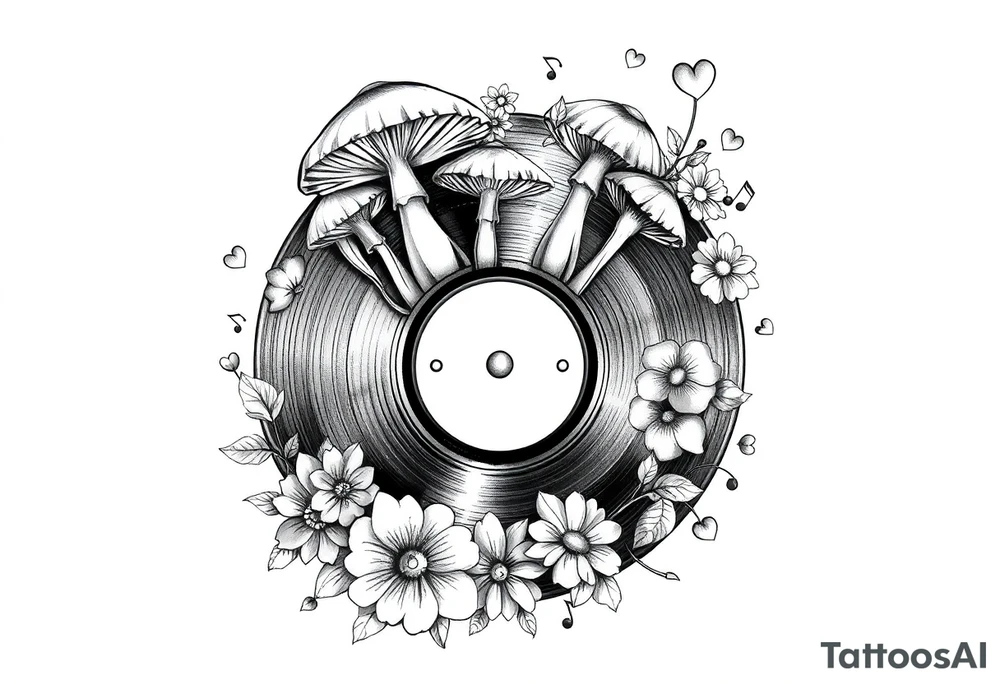 vinyl record with mushrooms, flowers, hearts, and music notes tattoo idea