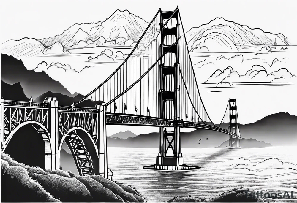 Golden Gate Bridge with fog rolling in with Marin hills in the background tattoo idea