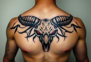 Evil Abstract looking taurus skull chest tattoo with red eyes tattoo idea