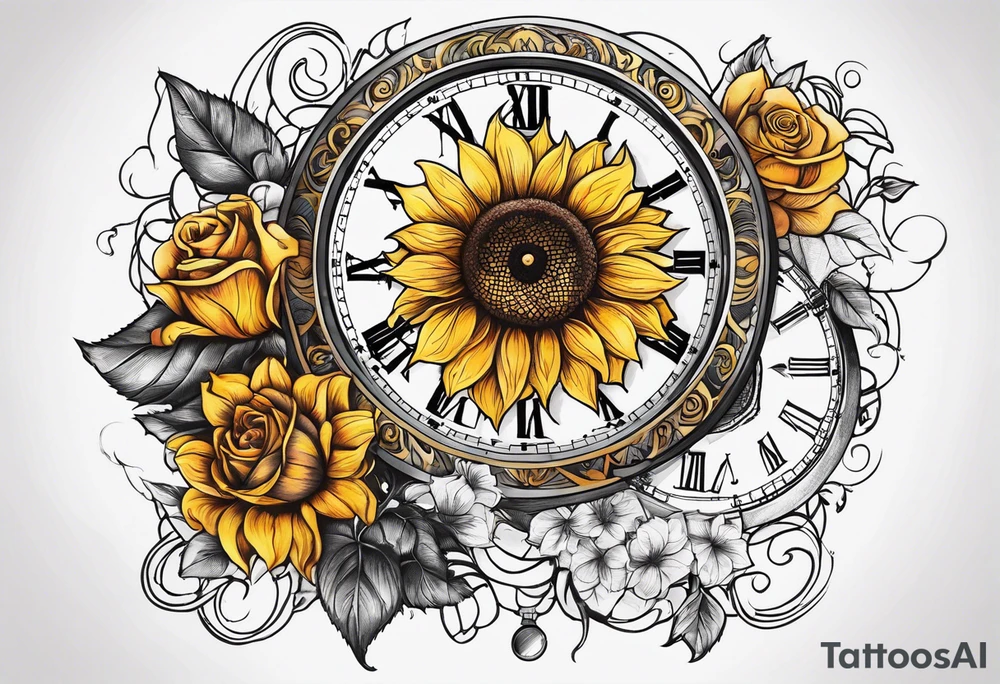 Sunflower, roses, witchy, 3 pocket watches, celestial, music tattoo idea