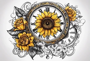 Sunflower, roses, witchy, 3 pocket watches, celestial, music tattoo idea