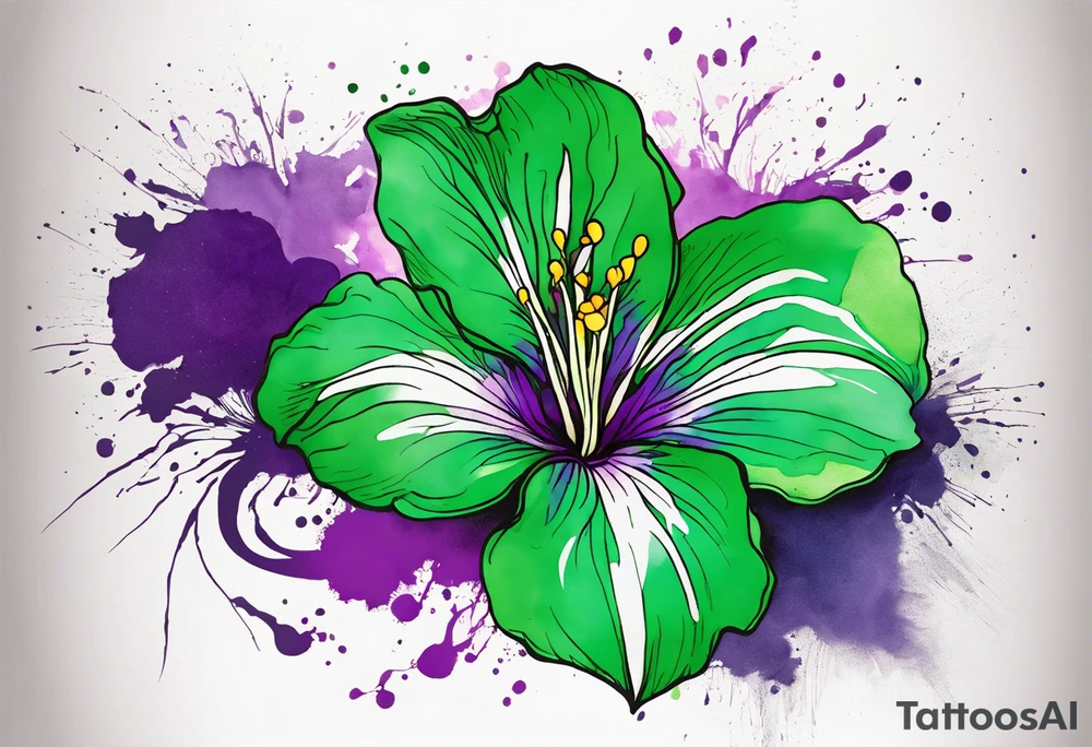 An outline of a green rio dipladenia flower and a green and purple watercolor splash in the background tattoo idea