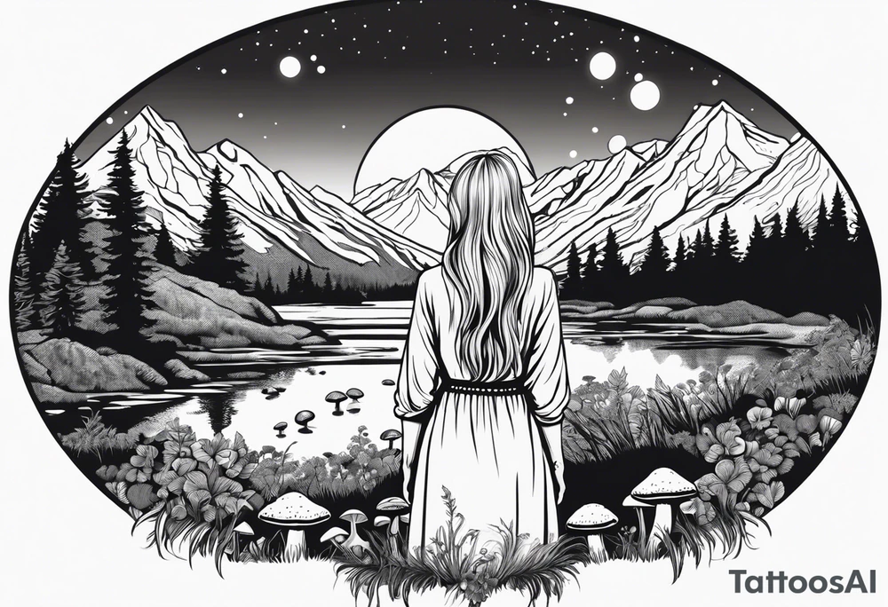 Whole picture encircled fully

Straight long blonde hair hippie girl in distance holding mushrooms in hand facing away toward mountains and creek surrounded by mushrooms long sleeve shirt and hiking pants; whole rendering within a full circle, no cut off circle tattoo idea