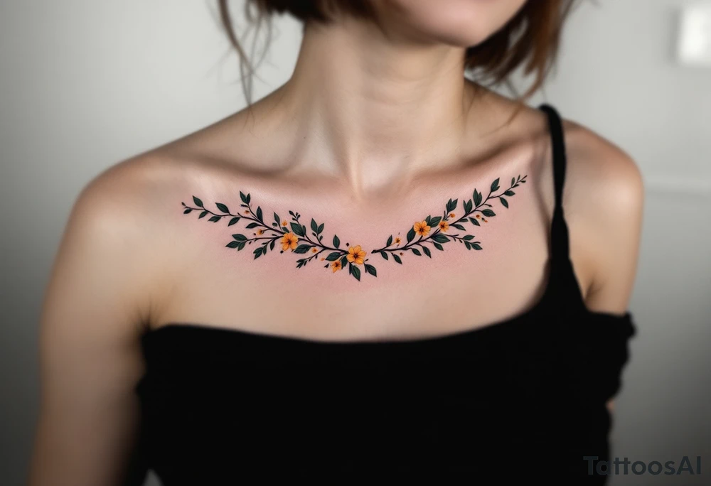Two separate collarbone tattoos of long branches covered with orange, yellow and dark forest green leaves and flowers, academia, witchy, muted, delicate and gentle but moody, following the collarbone. More muted, not so bright, darker colors. Fewer amount of leaves, larger leaves. Less flowers and leaves. tattoo idea