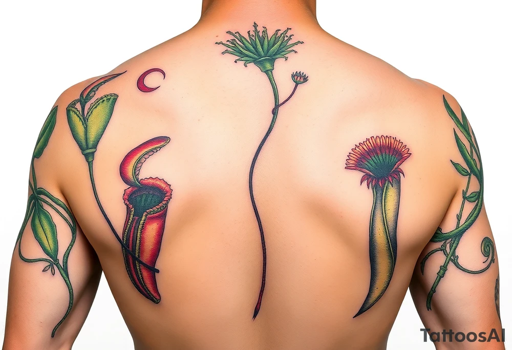carnivorous plants neck, chest, back, and arm sleeves
I want these spots covered in these plants, ranging from venus fly traps to others tattoo idea