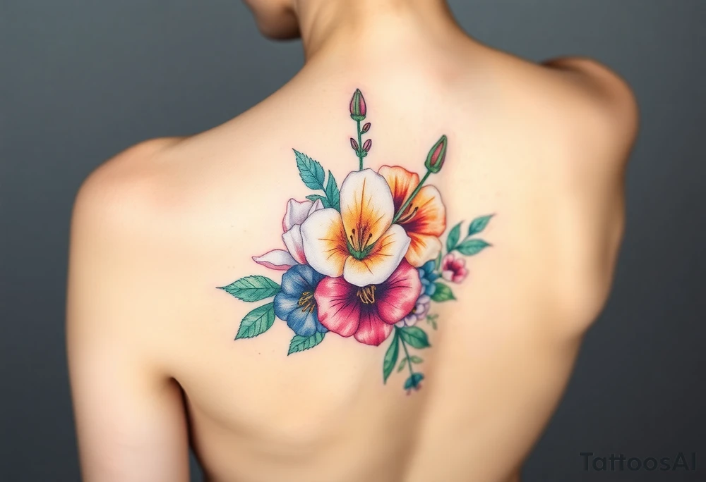 Coronation Astor Rose, Lily, Larkspur, watercolor flowers, middle of back clump together tattoo idea