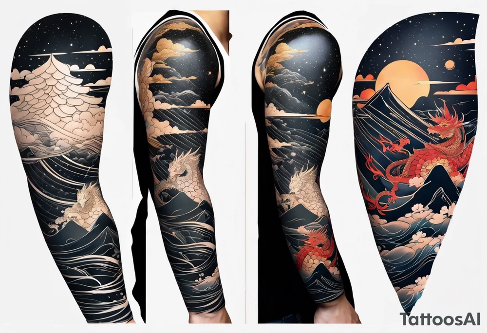 Full sleeve Tatoo that contains these elements 
Katana, Dragon, Samurai, Galaxy,Geometry ( like the golden ratio, lines, etc),Waves,Sakura tattoo idea