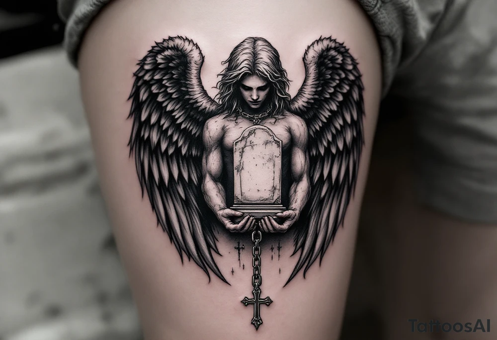 Angel hold headstone in hands with a cross chain hanging down with large wings tattoo idea