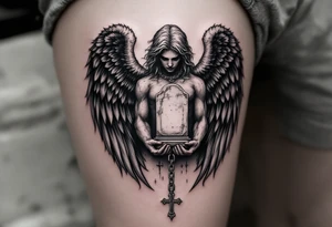 Angel hold headstone in hands with a cross chain hanging down with large wings tattoo idea