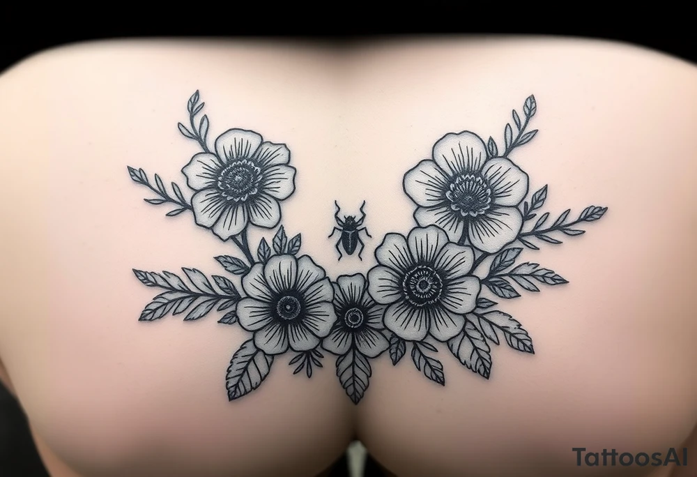 Hip and thigh tattoo with Thinner lines and flowers something dainty but also bohemian with maybe a touch of an insect or small animal tattoo idea