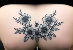 Hip and thigh tattoo with Thinner lines and flowers something dainty but also bohemian with maybe a touch of an insect or small animal tattoo idea