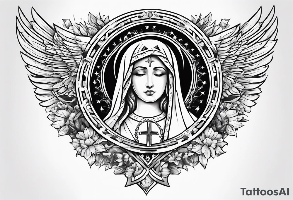 a shoulder and chest tattoo with Mirditas flag on the shoulder and holy mary on the chest tattoo idea
