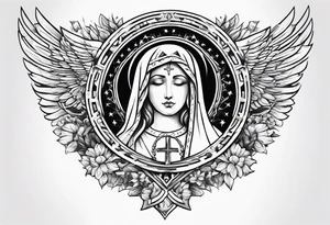 a shoulder and chest tattoo  with Mirditas flag on the shoulder and holy mary on the chest tattoo idea