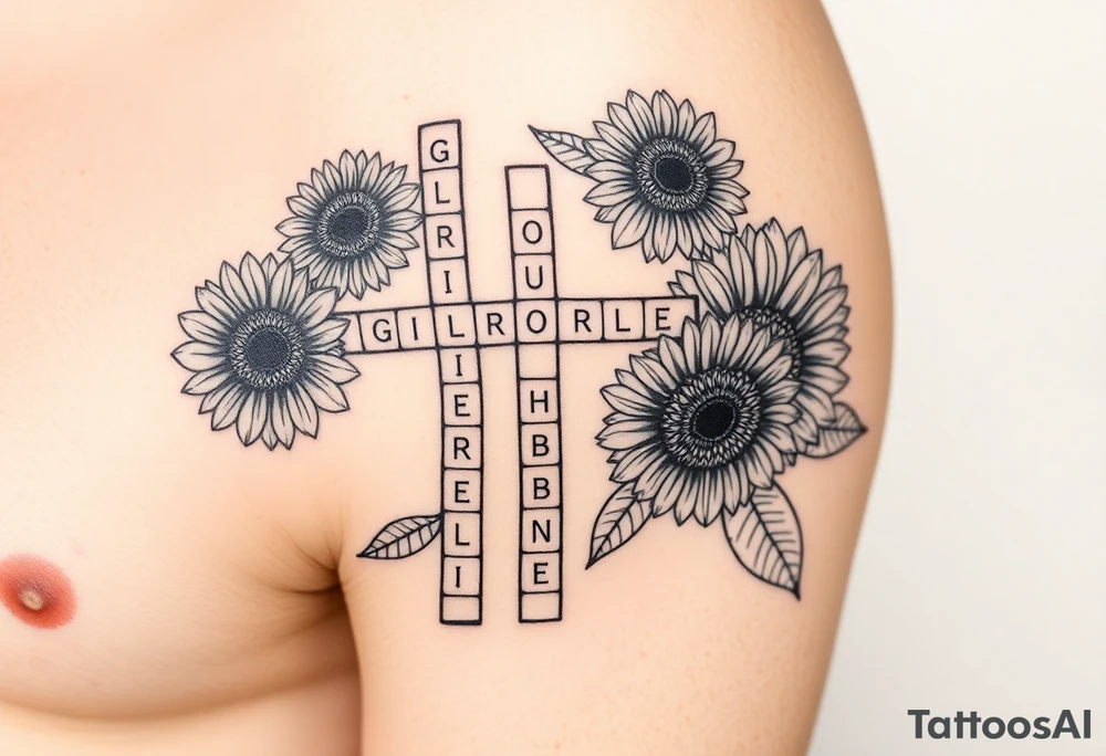Crossword puzzle with sunflowers with names Gloria, Ariel, Herbert, Camila, and Kenny tattoo idea