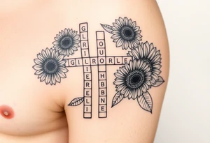 Crossword puzzle with sunflowers with names Gloria, Ariel, Herbert, Camila, and Kenny tattoo idea