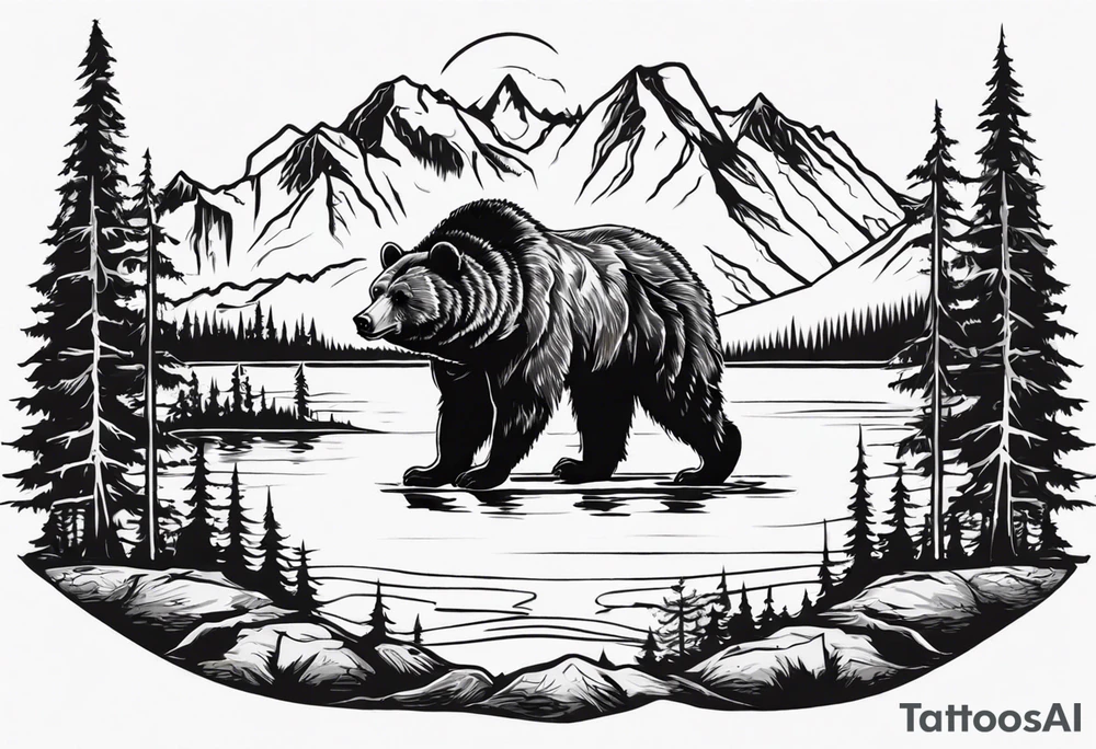 bear head right above the forest line with a lake below tattoo idea