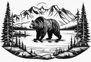 bear head right above the forest line with a lake below tattoo idea