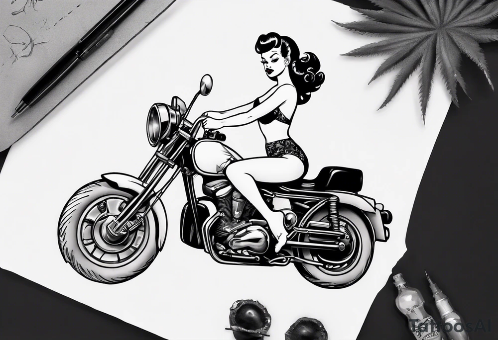Pinup doll riding motorbike along the beach tattoo idea