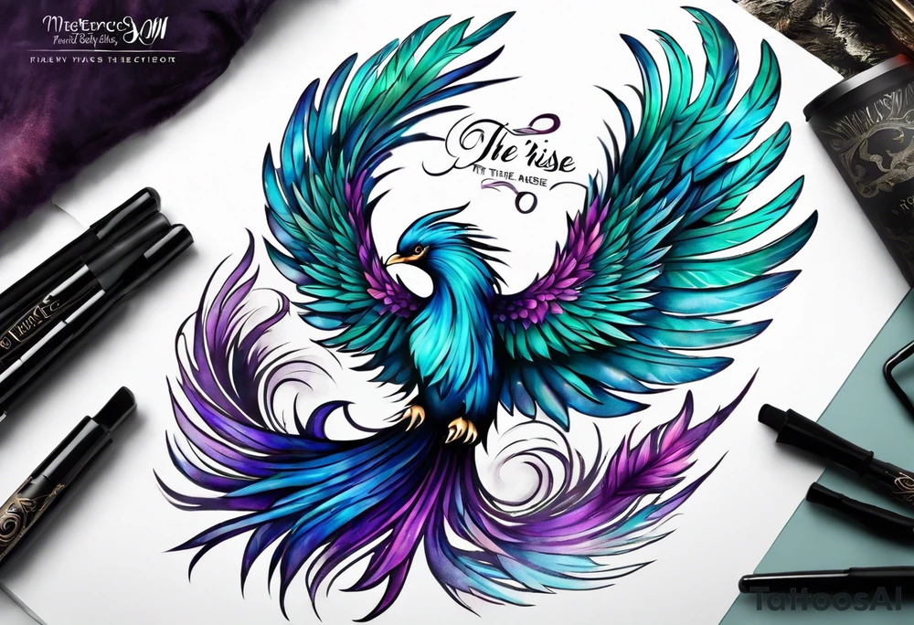 Phoenix on hip down into thigh with feathers that have teal purple and blue with quote "from the Ashes I rise" long tail featgers tattoo idea
