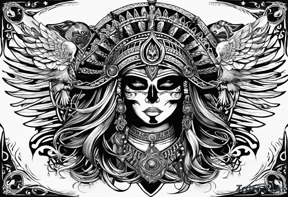 black kali, goddess pirate, alien, pachamama, valkrye, warrior, skull, lotus azul, wing, eagle, zenza resonance, stars, 5D tattoo idea