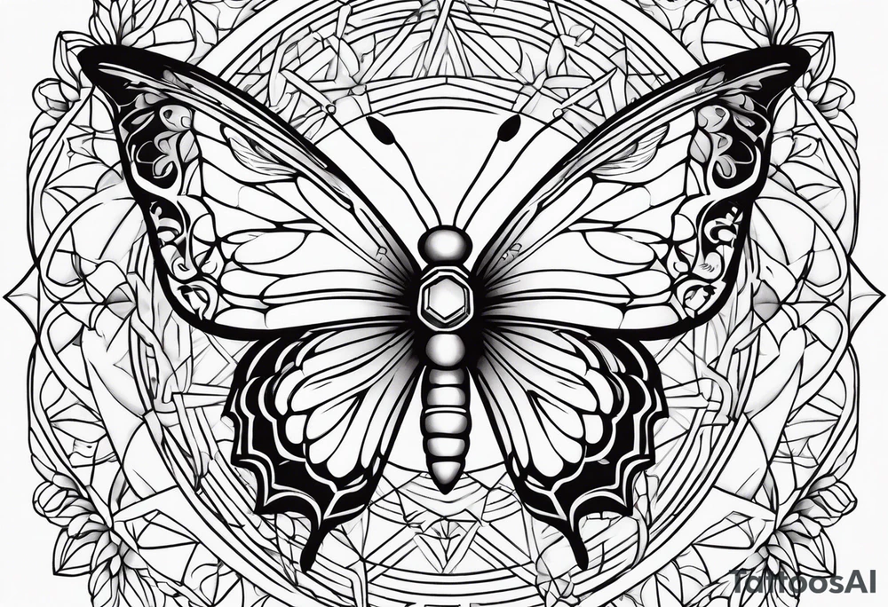 Black and white outline of sacred geometric shapes including fading flower of life into butterfly tattoo idea