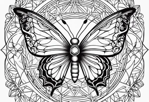 Black and white outline of sacred geometric shapes including fading flower of life into butterfly tattoo idea