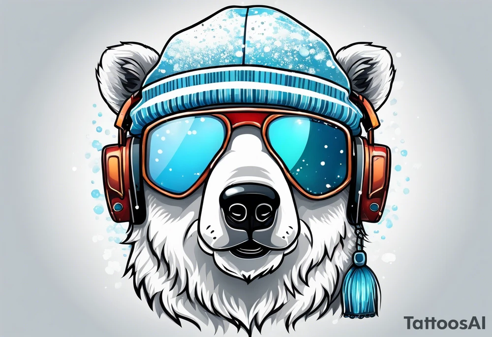 Polar bear wearing a winter hat and snow goggles tattoo idea