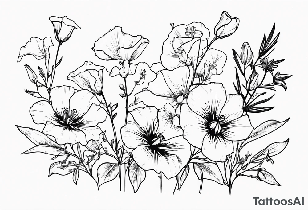 a vertical flower bouquet including sweet pea, larkspur, morning glory and cosmos tattoo idea