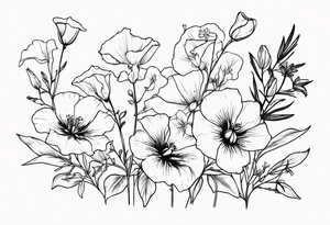 a vertical flower bouquet including sweet pea, larkspur, morning glory and cosmos tattoo idea