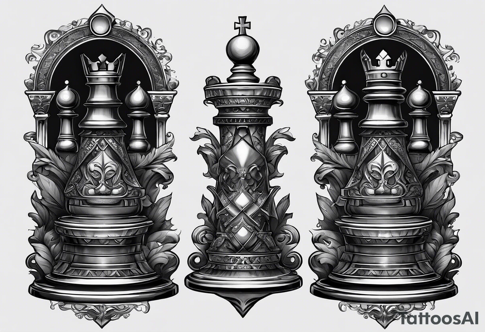 Illustrate an intricately balanced scale where one side represents the angelic forces, and the other represents the demonic forces. The chess pieces can sit on each side, symbolizing the equilibrium between good and evil. tattoo idea